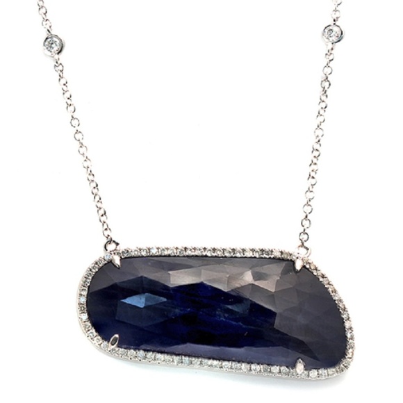 Rose Cut Sliced Blue Sapphire White Gold Necklace